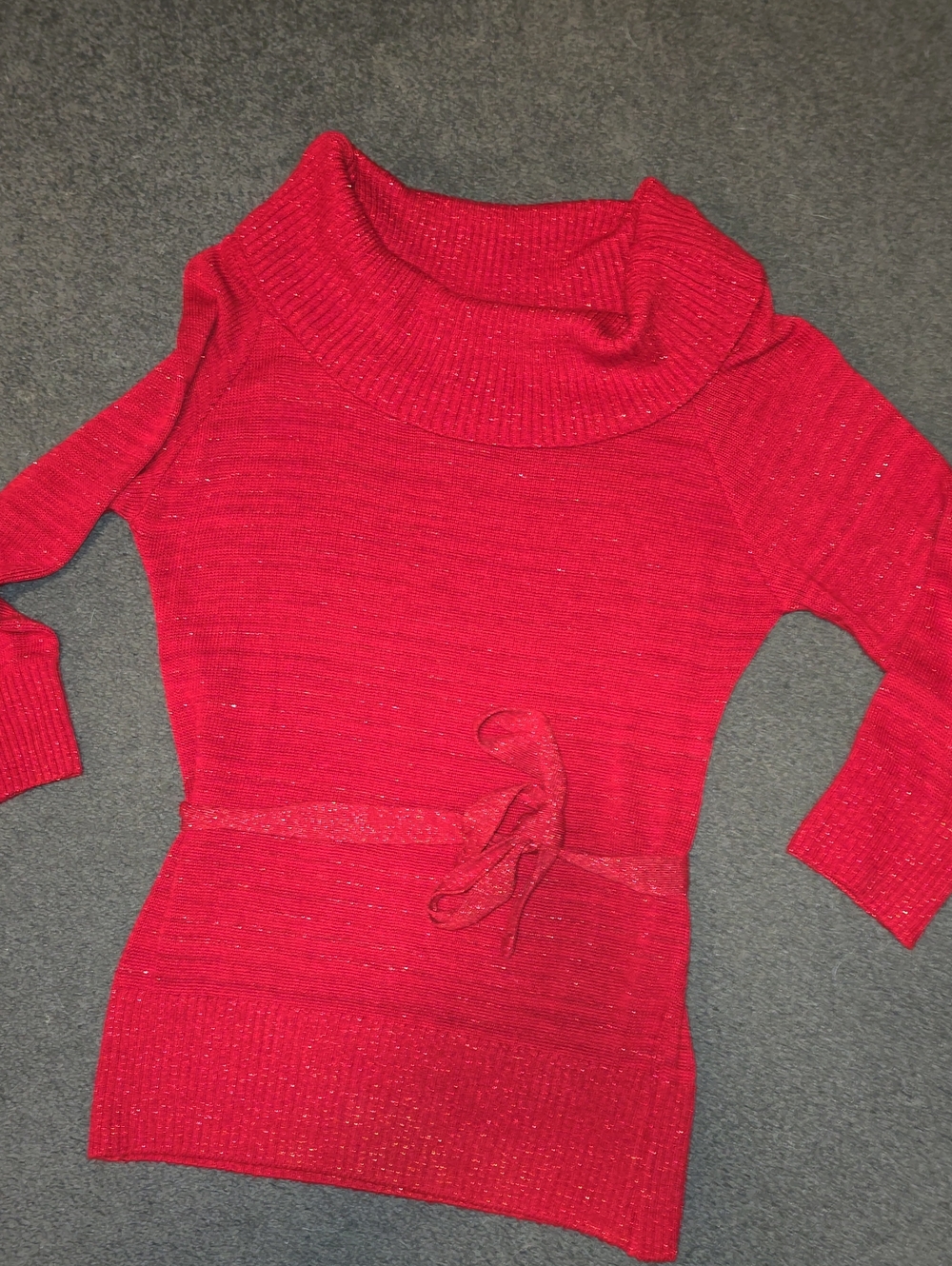 Women's Red Cowl Neck Knit Sweater with Waist Tie